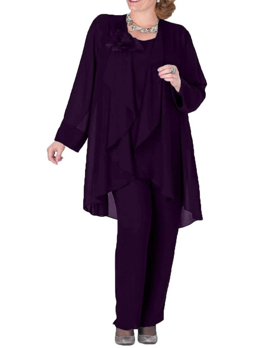 Vrouwen Bloem Chiffon Royal Blue Moeder van de Bruid Jurk Broek Pak 3 Pieces met Jacket Outfit Lange Mouwen