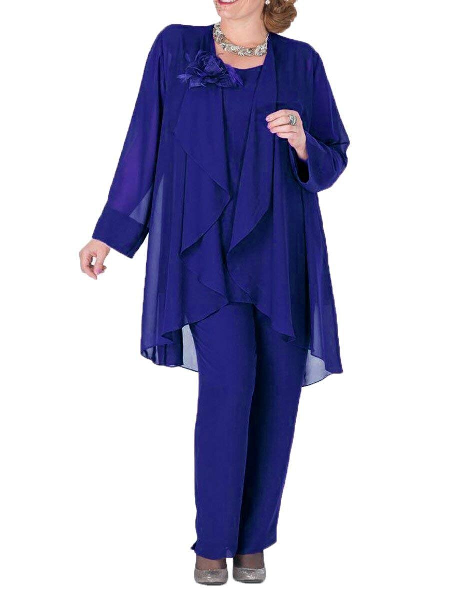 Vrouwen Bloem Chiffon Royal Blue Moeder van de Bruid Jurk Broek Pak 3 Pieces met Jacket Outfit Lange Mouwen