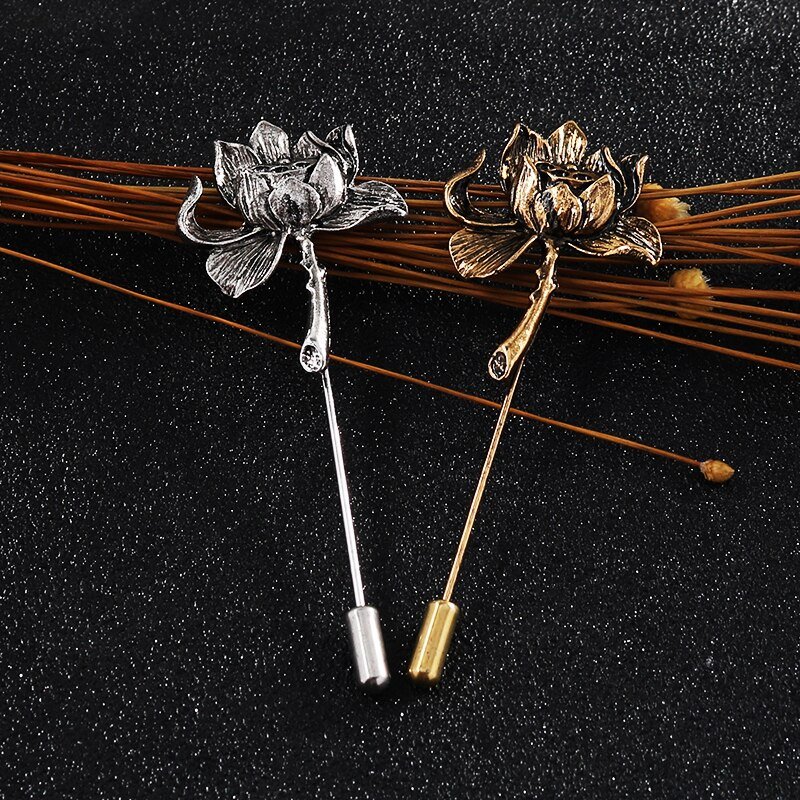 Oude Persoonlijkheid Lotus Bloem Broche Overhemd Revers Pin Pak Corsage Lange Naald Pins En Broches Voor Vrouwen En Mannen Accessoires