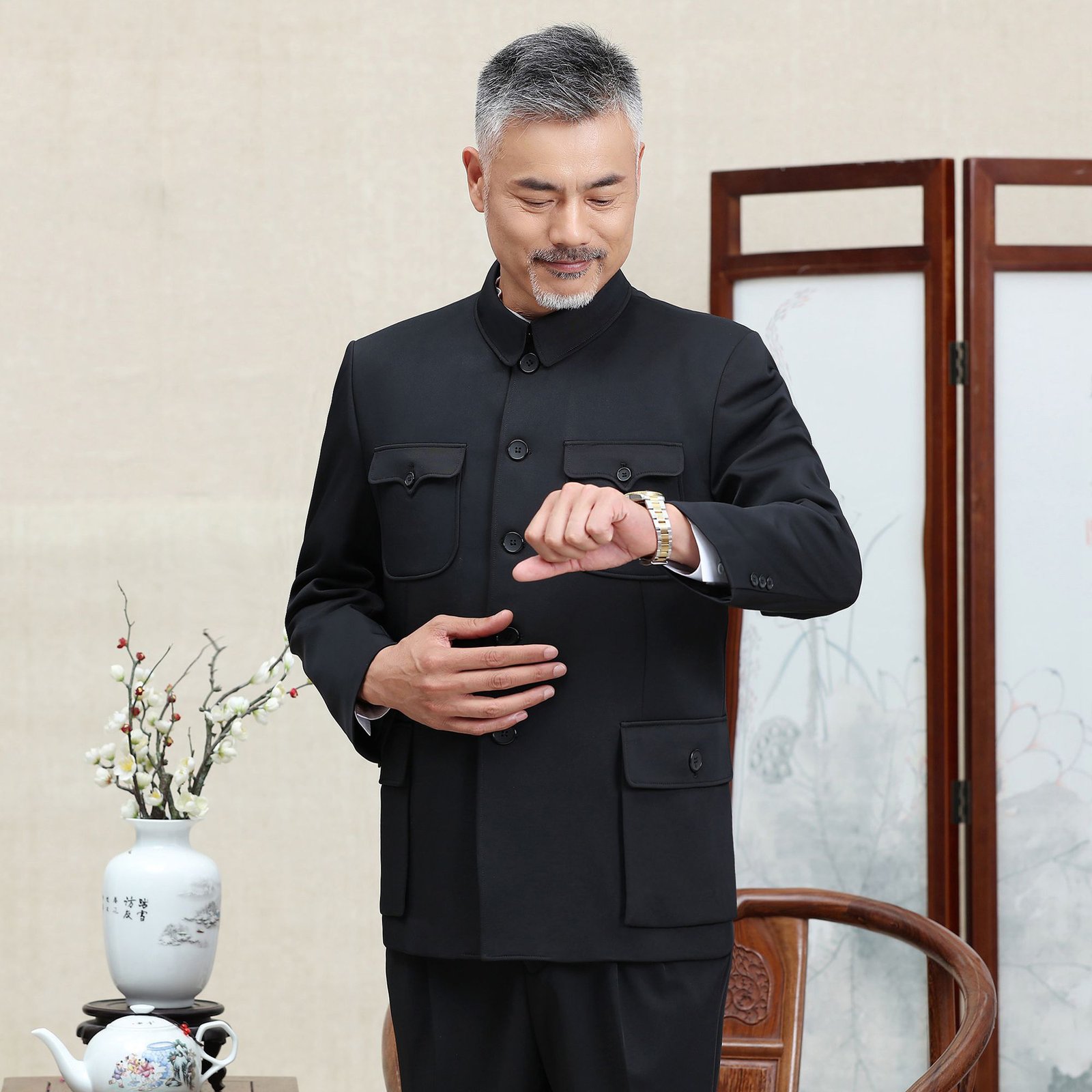 Traditionele Chinese Tang Pak Voor Mannen Jas Jas Nieuwe Jaar Lente Festival Tuniek Zhongshan Mao Pak Blazer Breien Zakken Top