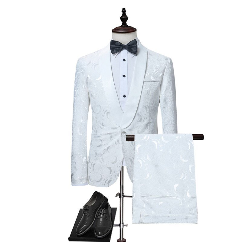 Mens Witte Bloemen Een Knop Suits Party Bruiloft Bruidegom Smokings Bruidsjonkers 2 Stuk Pak (Jas + Broek) mannelijke Kostuum Mariage Homme