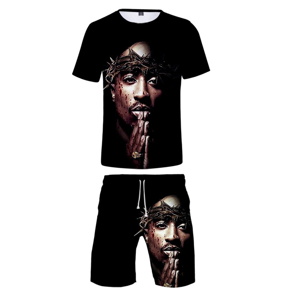 Tupac Tweedelige Set 3D Printing Casual Korte Mouw T-shirt Shorts Sets 2020 Hiphop Kpops Ronde Kraag Strand Shorts