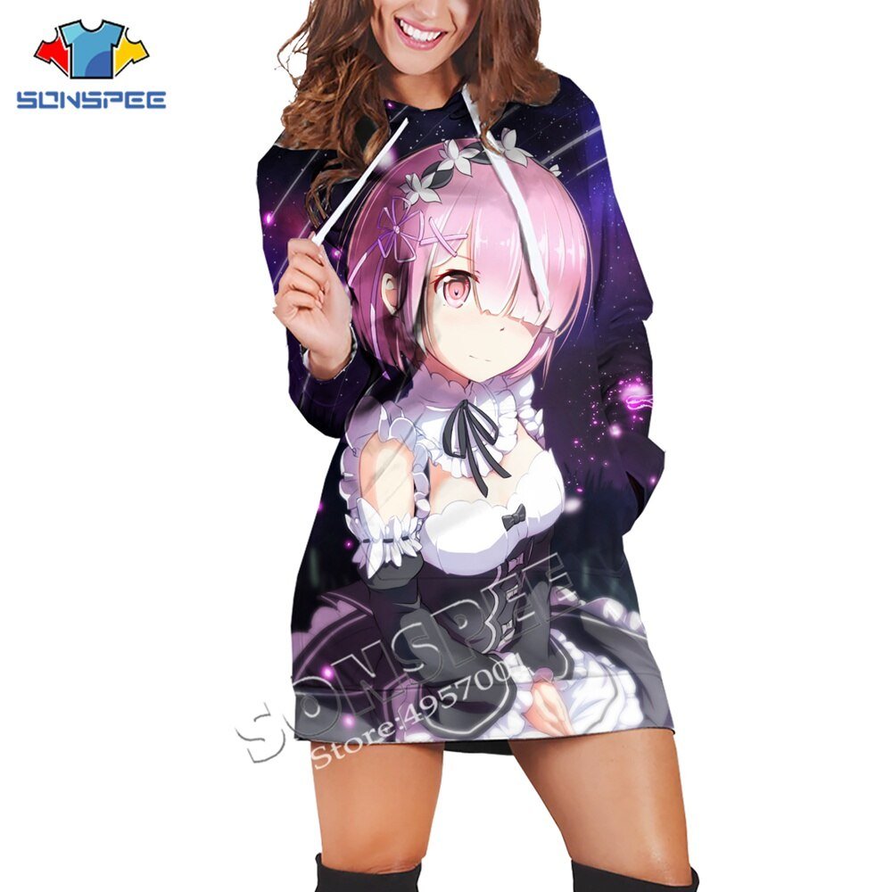 Sonspee Anime Print Re: nul Twin Maid Ram Rem 3D Printing Trui Jurk Casual Lange Mouwen Kleding Vrouwen Lange Hoodie Jurken