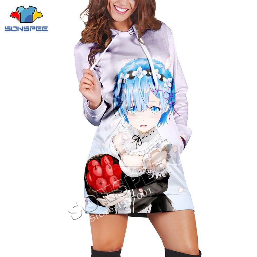 Sonspee Anime Print Re: nul Twin Maid Ram Rem 3D Printing Trui Jurk Casual Lange Mouwen Kleding Vrouwen Lange Hoodie Jurken