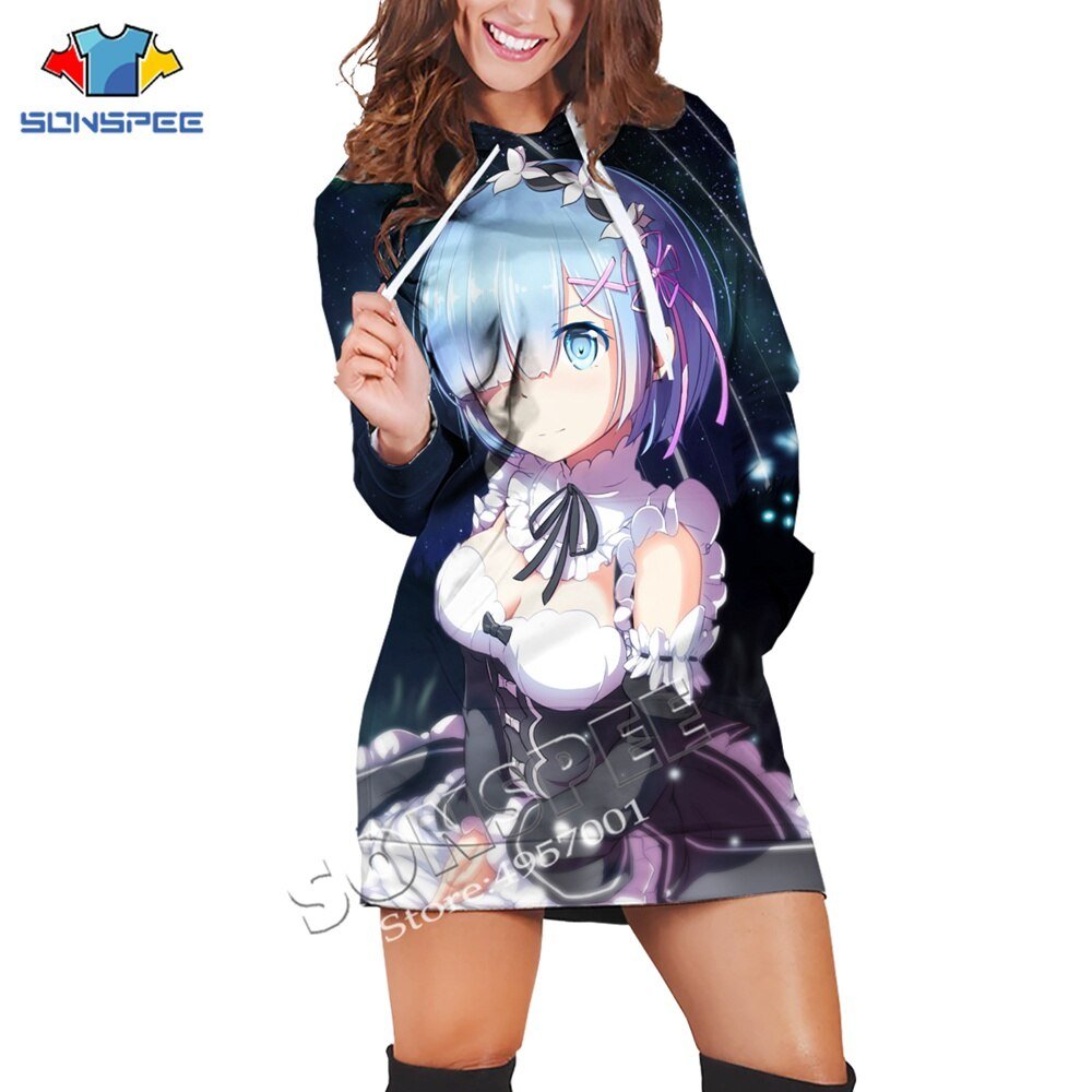 Sonspee Anime Print Re: nul Twin Maid Ram Rem 3D Printing Trui Jurk Casual Lange Mouwen Kleding Vrouwen Lange Hoodie Jurken
