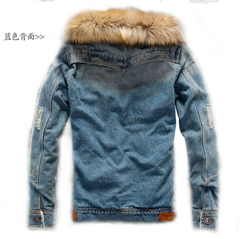 Retro Ripped Fleece Jeans Jas en Jas voor Herfst Winter S-XXXXL Drop Verzending Mens Denim Jas met Bont Kraag