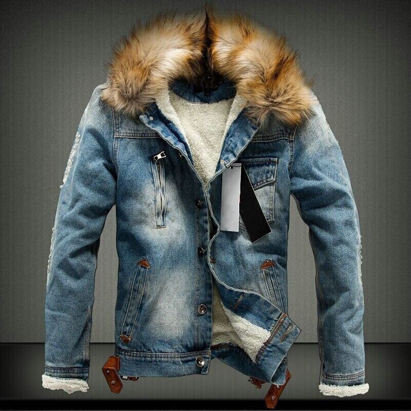 Retro Ripped Fleece Jeans Jas en Jas voor Herfst Winter S-XXXXL Drop Verzending Mens Denim Jas met Bont Kraag