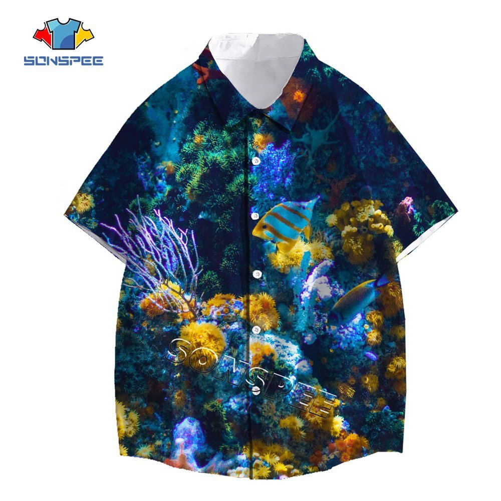 Sonspee Zeebodem Fish Print Anime Korte Mouw Zomer Mode Casual Mannen Shirts Man Shirt Hawaiian Seaside Losse Blouse Kleding