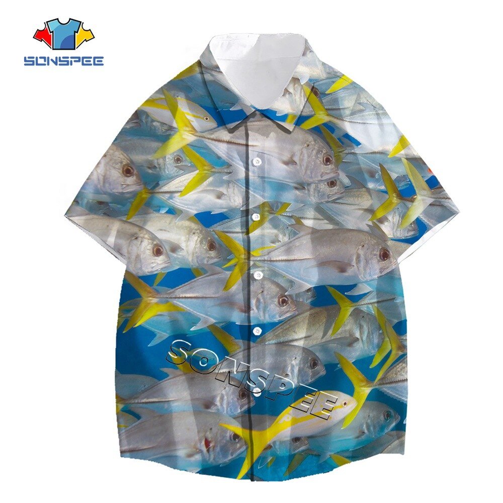 Sonspee Zeebodem Fish Print Anime Korte Mouw Zomer Mode Casual Mannen Shirts Man Shirt Hawaiian Seaside Losse Blouse Kleding