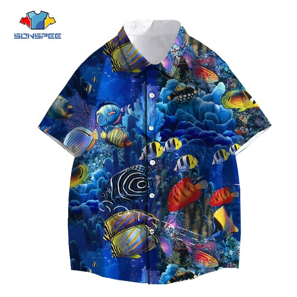 Sonspee Zeebodem Fish Print Anime Korte Mouw Zomer Mode Casual Mannen Shirts Man Shirt Hawaiian Seaside Losse Blouse Kleding