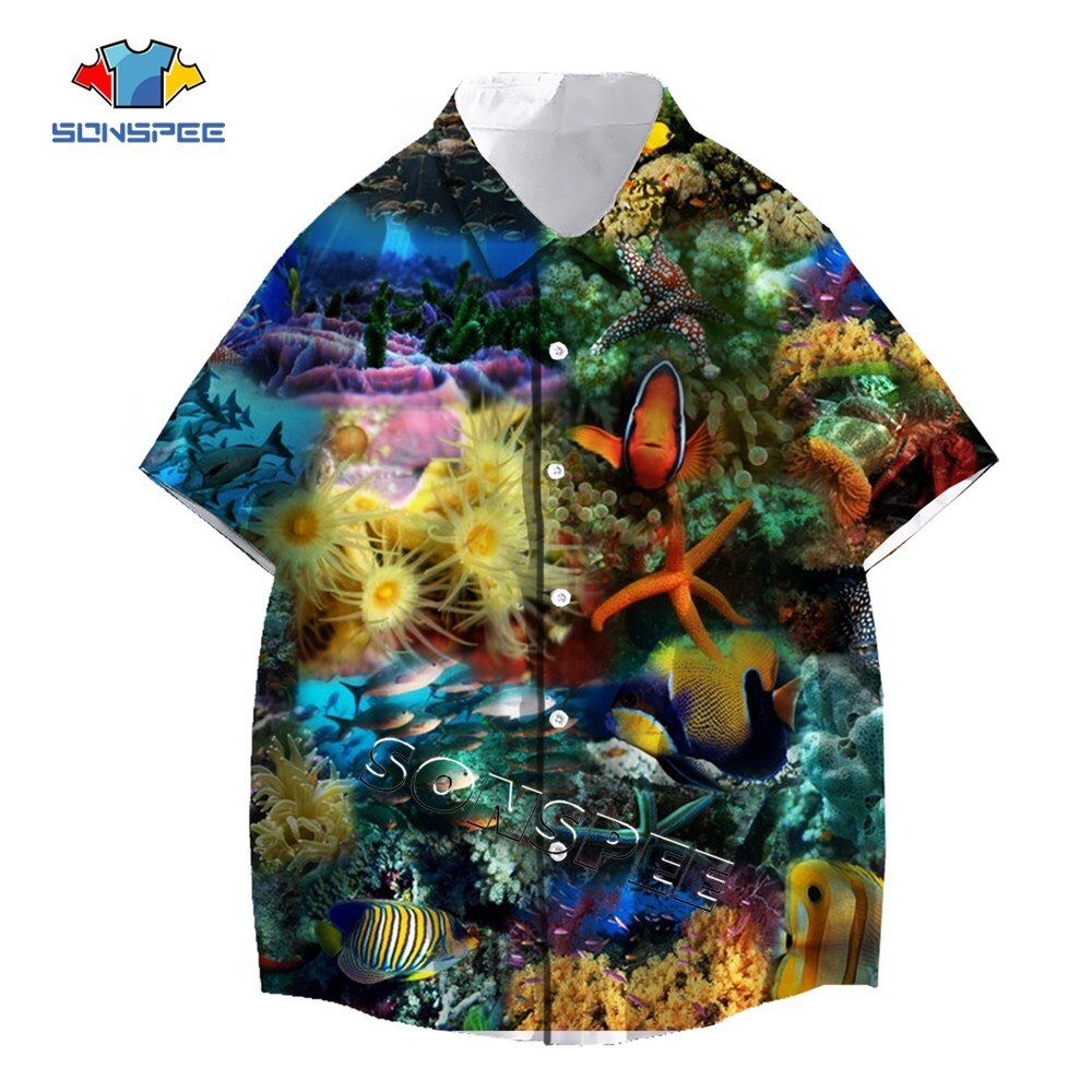 Sonspee Zeebodem Fish Print Anime Korte Mouw Zomer Mode Casual Mannen Shirts Man Shirt Hawaiian Seaside Losse Blouse Kleding