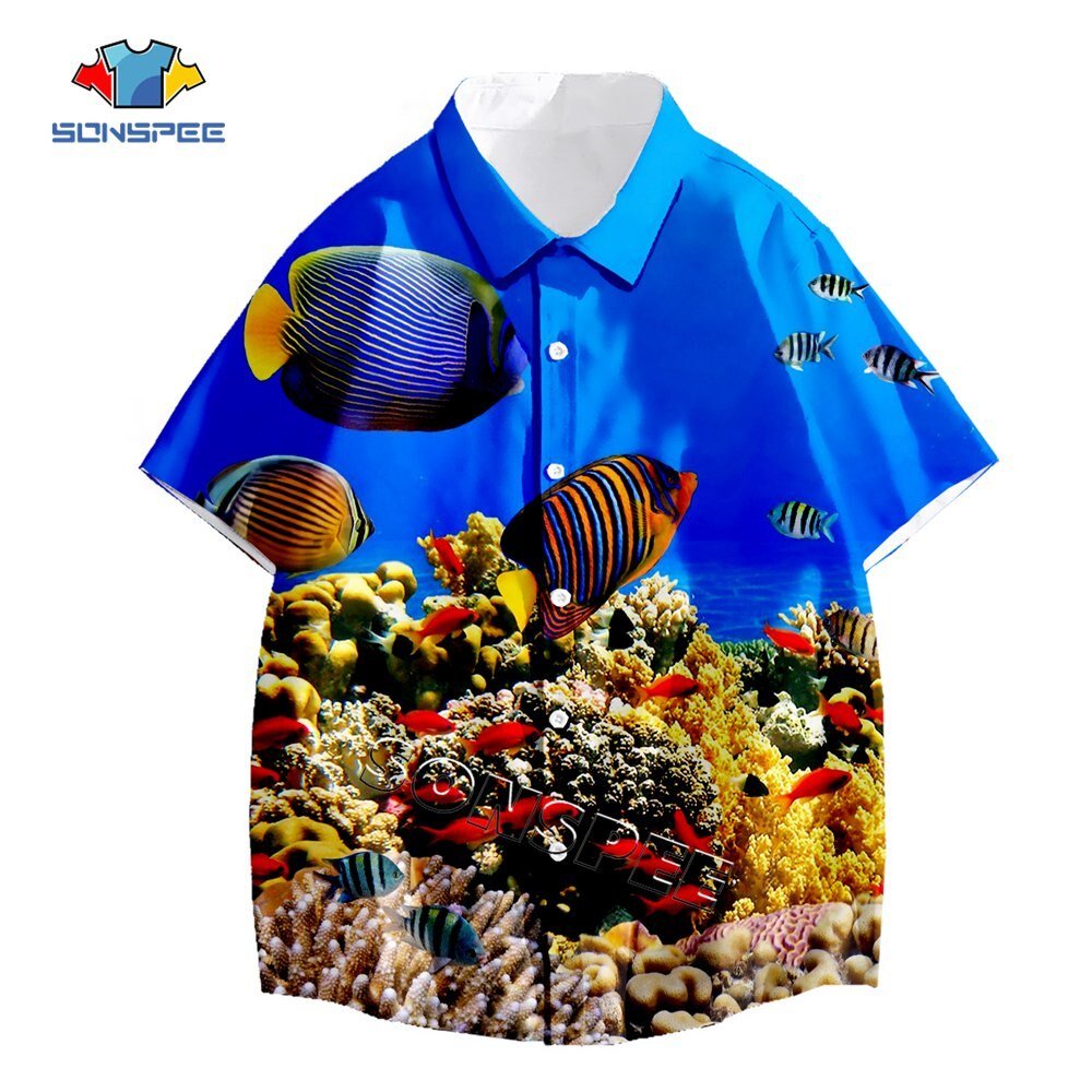 Sonspee Zeebodem Fish Print Anime Korte Mouw Zomer Mode Casual Mannen Shirts Man Shirt Hawaiian Seaside Losse Blouse Kleding