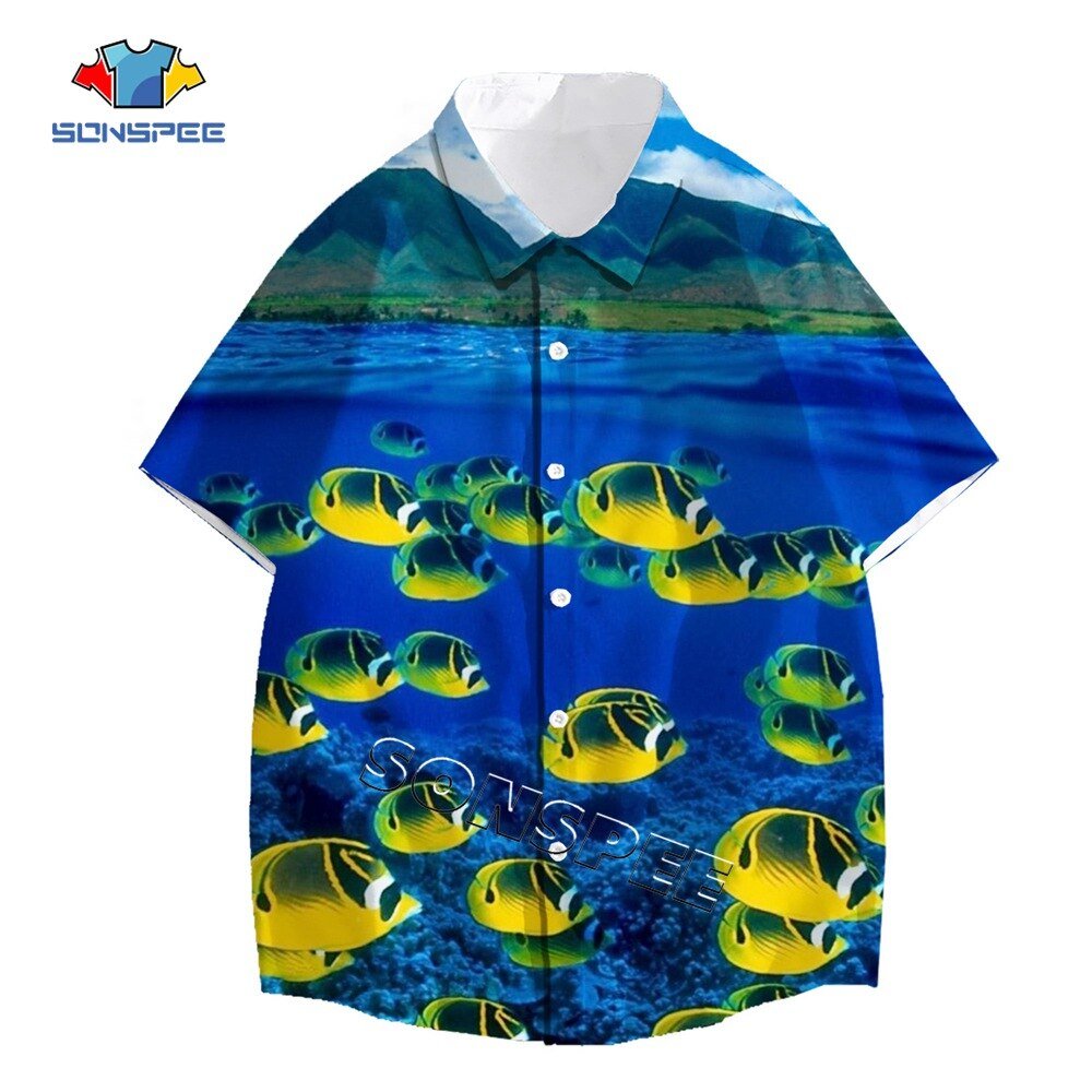 Sonspee Zeebodem Fish Print Anime Korte Mouw Zomer Mode Casual Mannen Shirts Man Shirt Hawaiian Seaside Losse Blouse Kleding