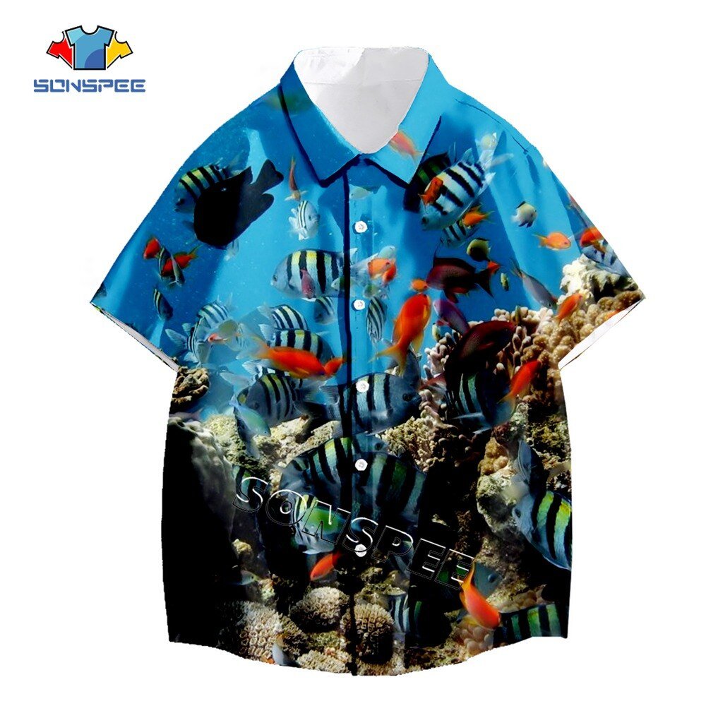 Sonspee Zeebodem Fish Print Anime Korte Mouw Zomer Mode Casual Mannen Shirts Man Shirt Hawaiian Seaside Losse Blouse Kleding