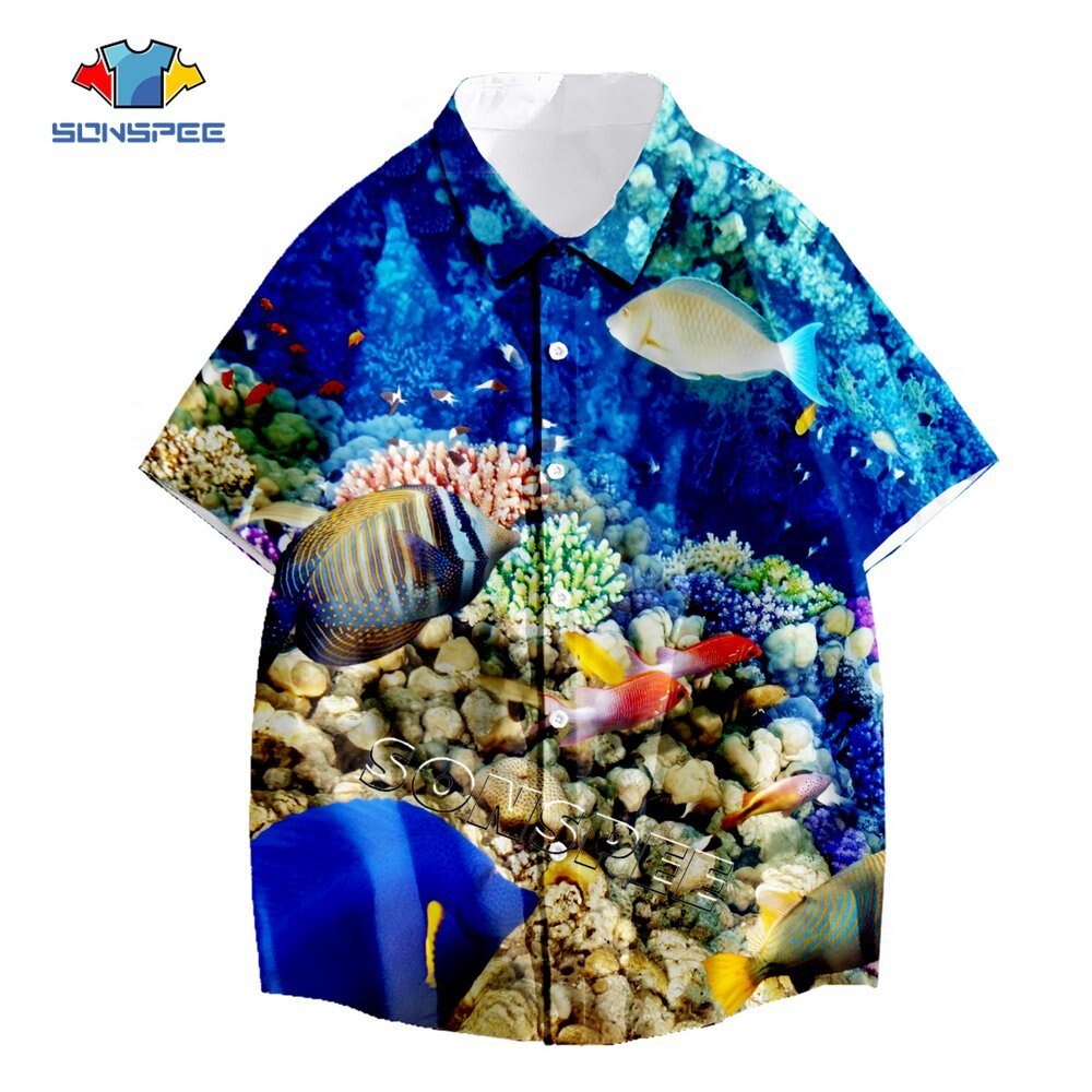 Sonspee Zeebodem Fish Print Anime Korte Mouw Zomer Mode Casual Mannen Shirts Man Shirt Hawaiian Seaside Losse Blouse Kleding