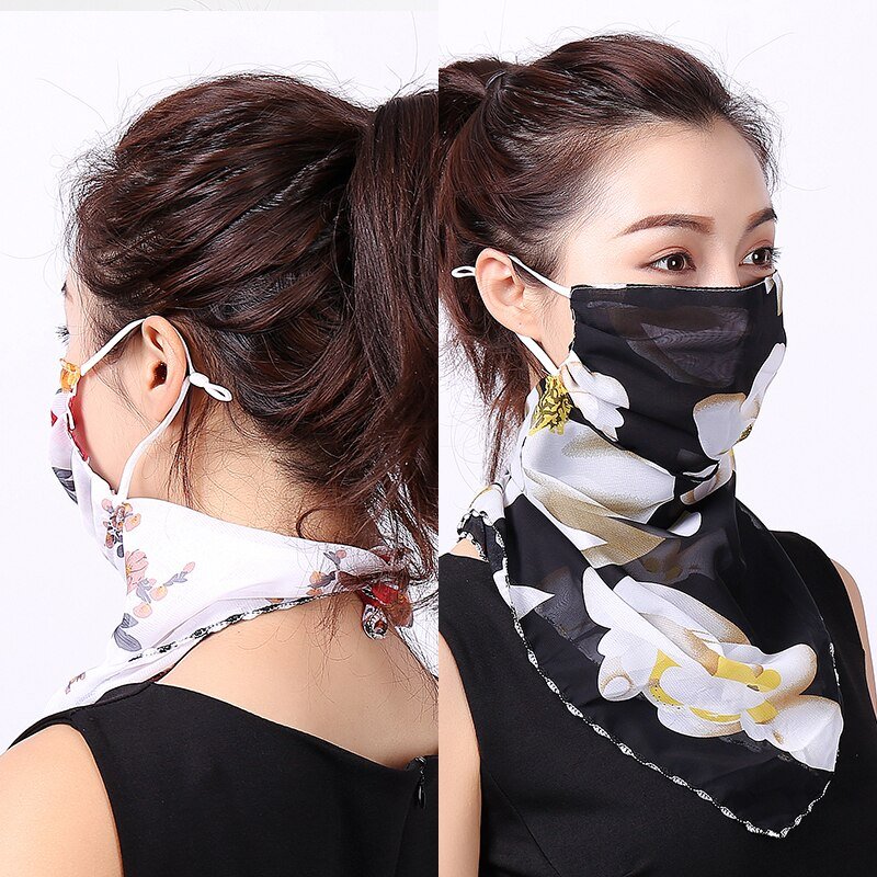 2020 Chiffon Women Mouth Mask Neck Scarf Floral Print Sunscreen Head Ring Scarves Silk Face Mask Foulard Lady Outdoor Protect