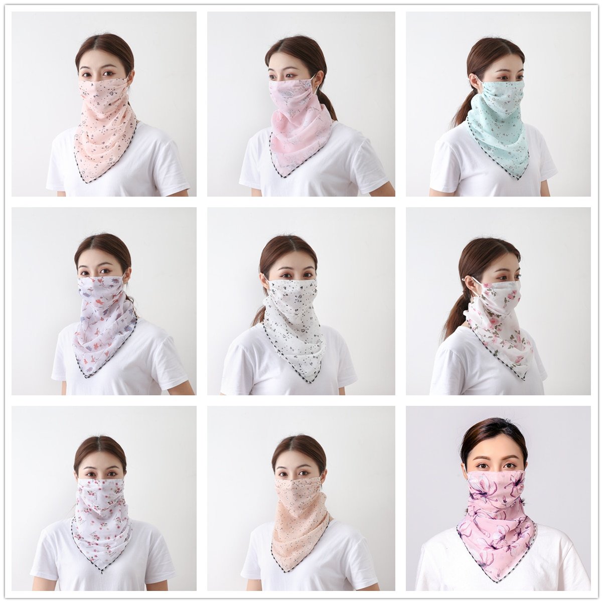 2020 Chiffon Women Mouth Mask Neck Scarf Floral Print Sunscreen Head Ring Scarves Silk Face Mask Foulard Lady Outdoor Protect