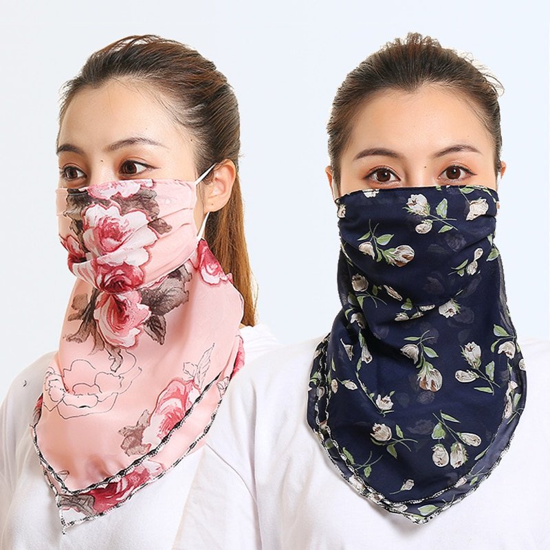 2020 Chiffon Women Mouth Mask Neck Scarf Floral Print Sunscreen Head Ring Scarves Silk Face Mask Foulard Lady Outdoor Protect