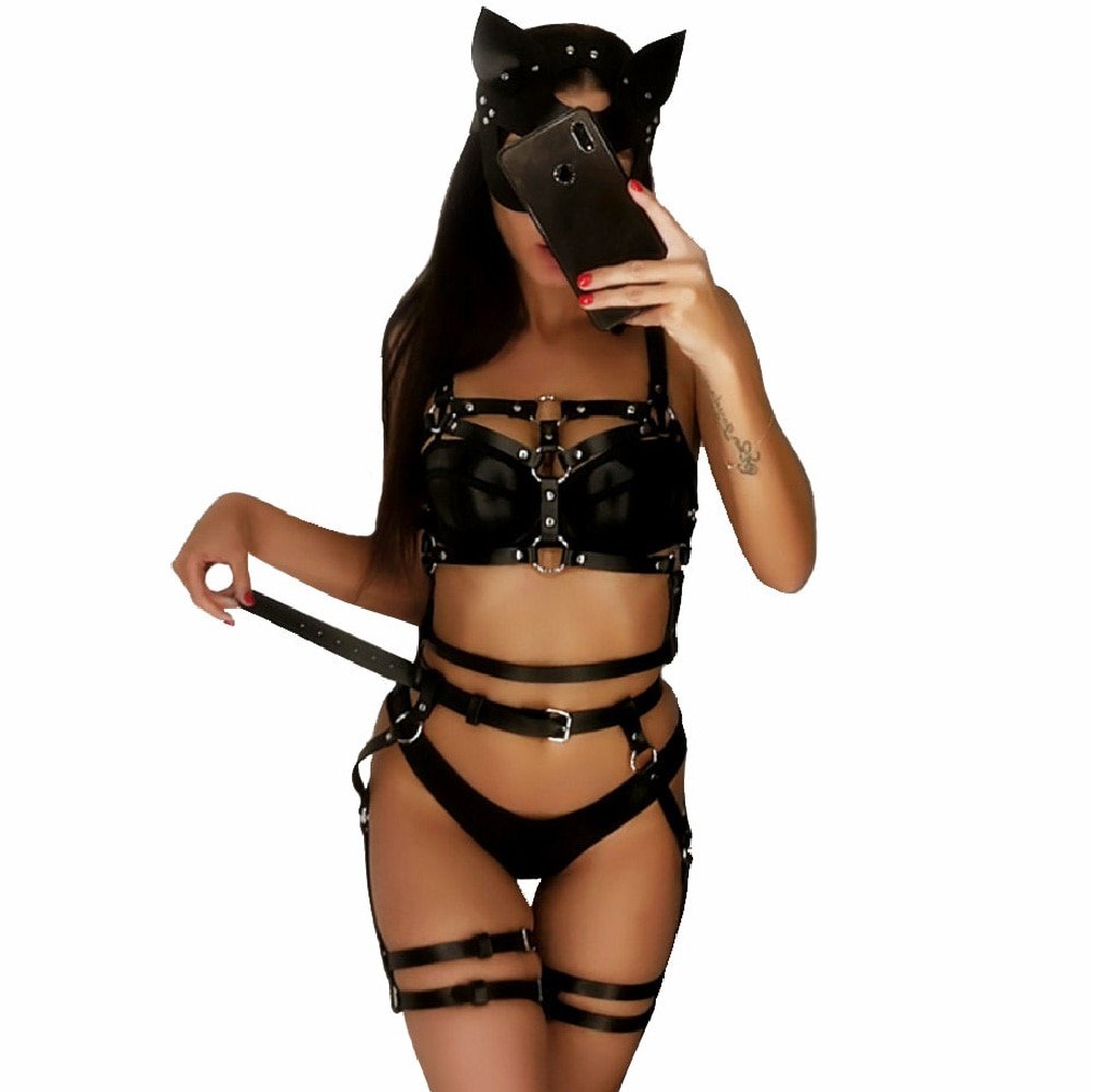 Ronllona Leather Mask Handmade Punk Party Mask Gothic Leather Strap Sexy Adjustable Erotic Masquerade belt Couple Night