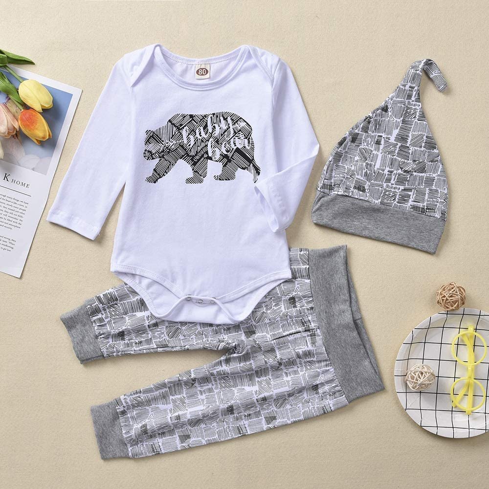 Pasgeboren Baby Boy Kleding Baby Beer Brief Afdrukken Lange Mouw Romper + Broek + Hoed Baby Kleding 3 Stuks Peuter outfits Set