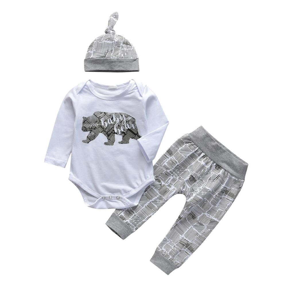 Pasgeboren Baby Boy Kleding Baby Beer Brief Afdrukken Lange Mouw Romper + Broek + Hoed Baby Kleding 3 Stuks Peuter outfits Set