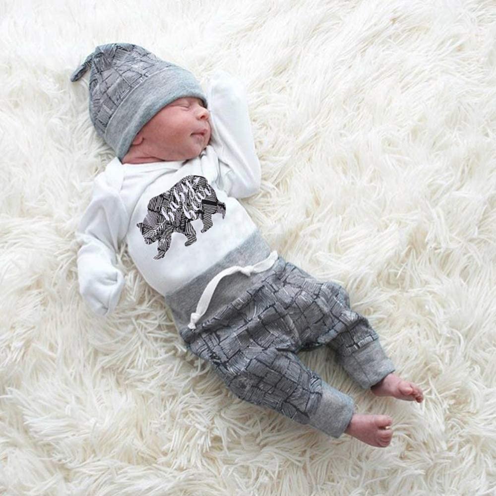 Pasgeboren Baby Boy Kleding Baby Beer Brief Afdrukken Lange Mouw Romper + Broek + Hoed Baby Kleding 3 Stuks Peuter outfits Set