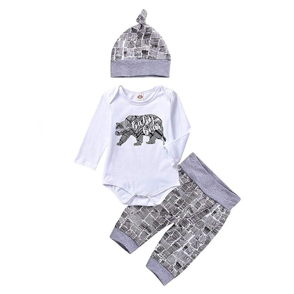 Pasgeboren Baby Boy Kleding Baby Beer Brief Afdrukken Lange Mouw Romper + Broek + Hoed Baby Kleding 3 Stuks Peuter outfits Set