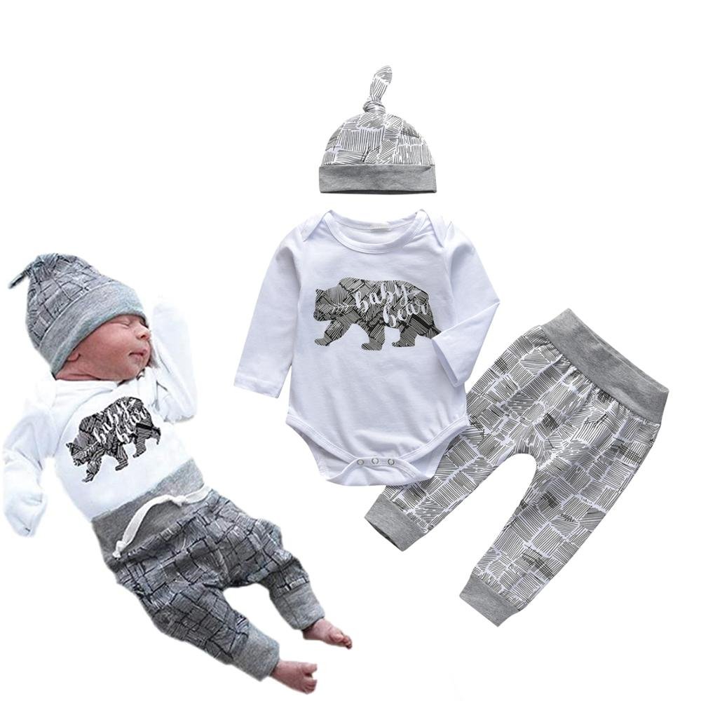 Pasgeboren Baby Boy Kleding Baby Beer Brief Afdrukken Lange Mouw Romper + Broek + Hoed Baby Kleding 3 Stuks Peuter outfits Set