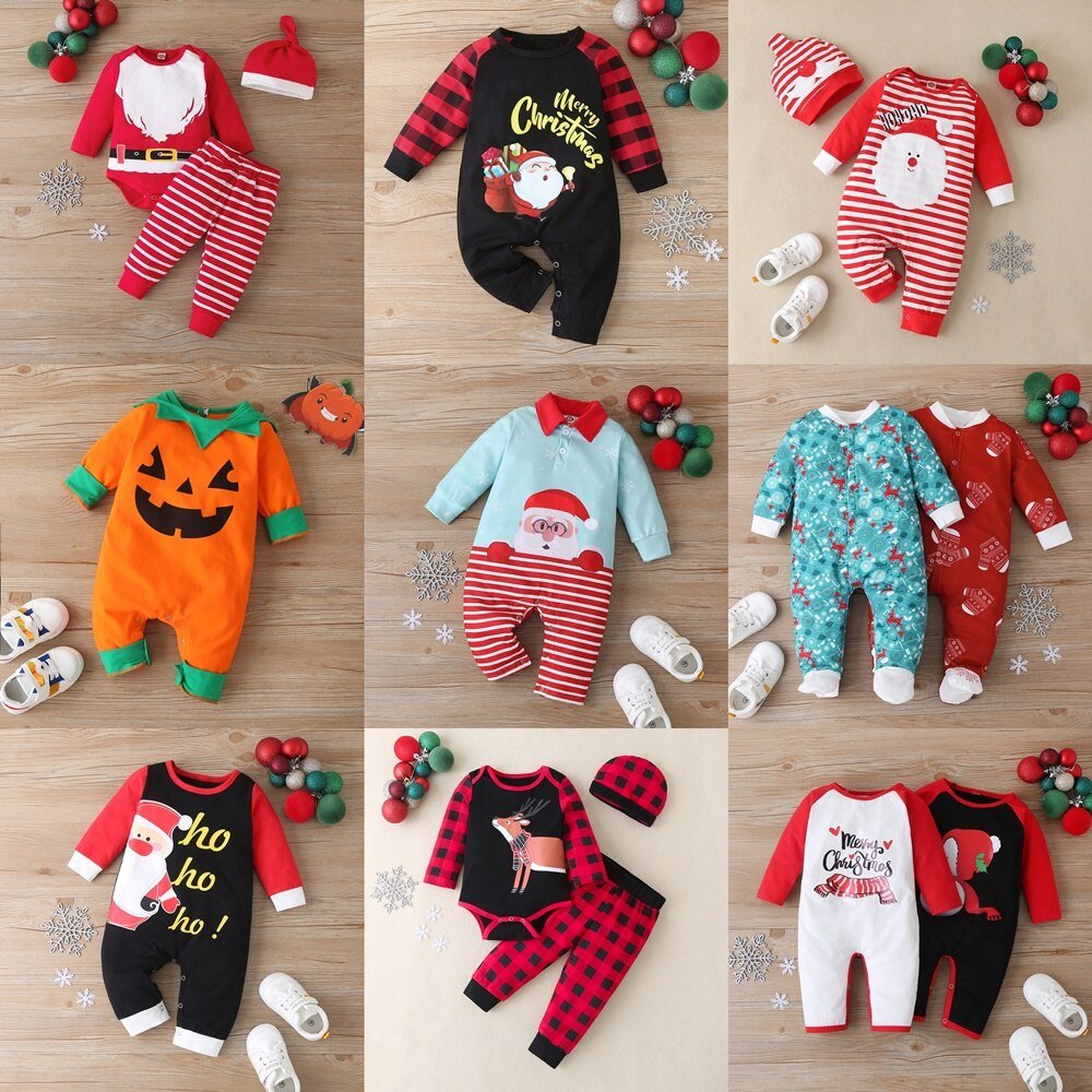 Kerst Winter Baby Boy Kleding Katoen Brief Kerstman Patchwork Plaid Lange Mouw Baby Bodysuit Baby Meisje Kleding 0-18M