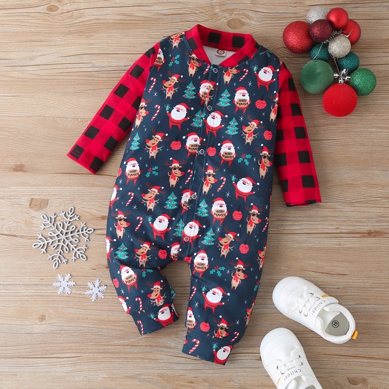 Kerst Winter Baby Boy Kleding Katoen Brief Kerstman Patchwork Plaid Lange Mouw Baby Bodysuit Baby Meisje Kleding 0-18M