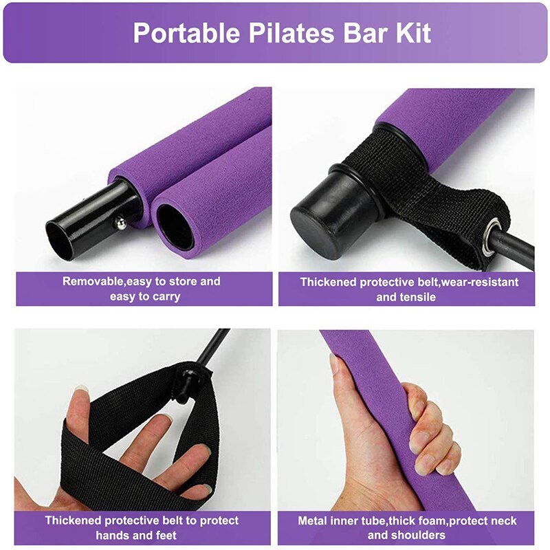 Portable Pilates Bar Kit with Resistance Band Gym Equipment Fitness  Foot Loop for Yoga,Stretch,Sit-Up Bar Resistance Band