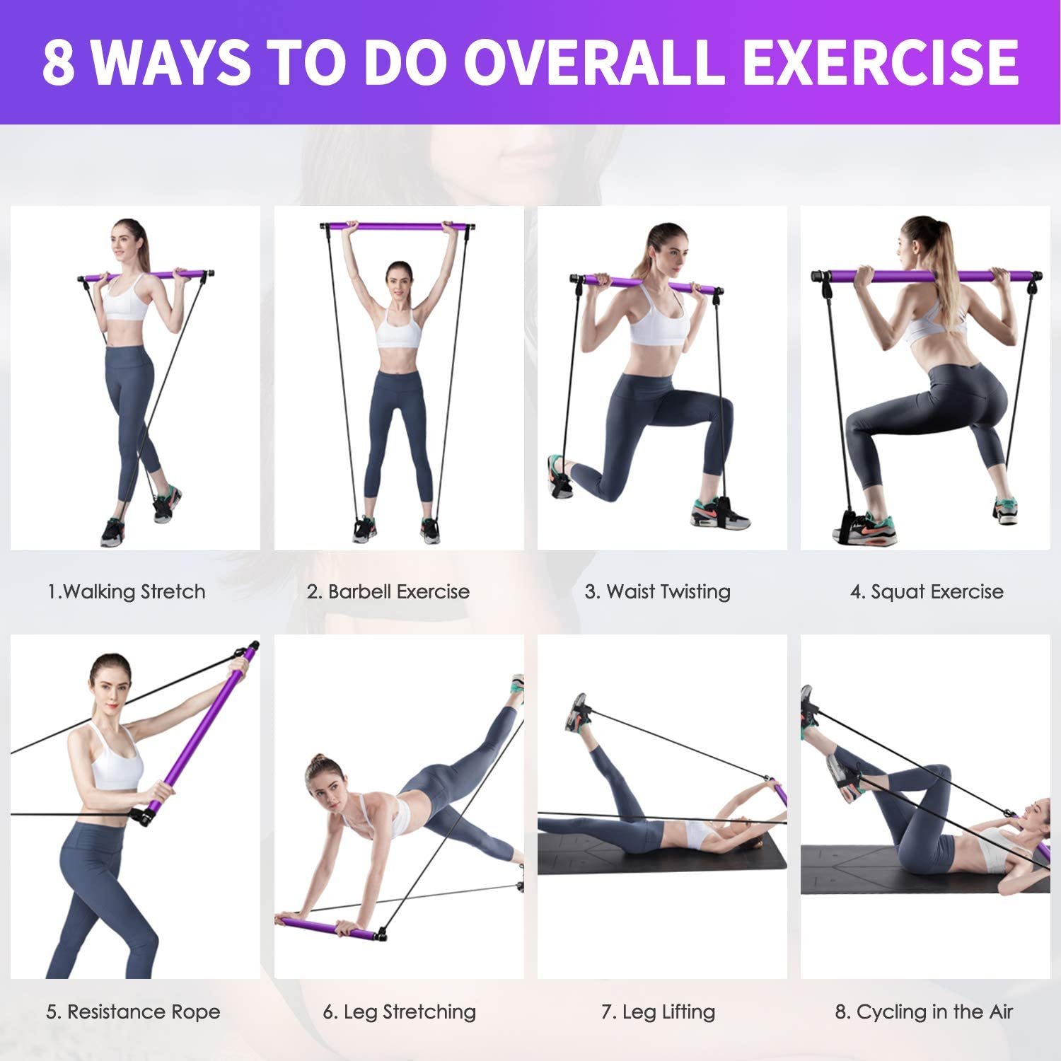 Pilates Bar Resistance Bands for Yoga Exerciser Pull Rope Portable Gym Workout Pilates Bar Elastic Bands Fitness Sport Equipment