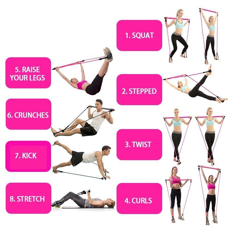 Pilates Bar Resistance Bands for Yoga Exerciser Pull Rope Portable Gym Workout Pilates Bar Elastic Bands Fitness Sport Equipment