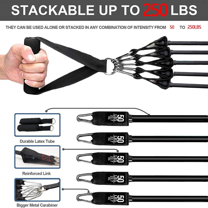 250 Lb Fitness Resistance Band All Black Suit Rubber Band Elastic Band Upgrade Training Band Suit Pilates Fitness Equipment Home