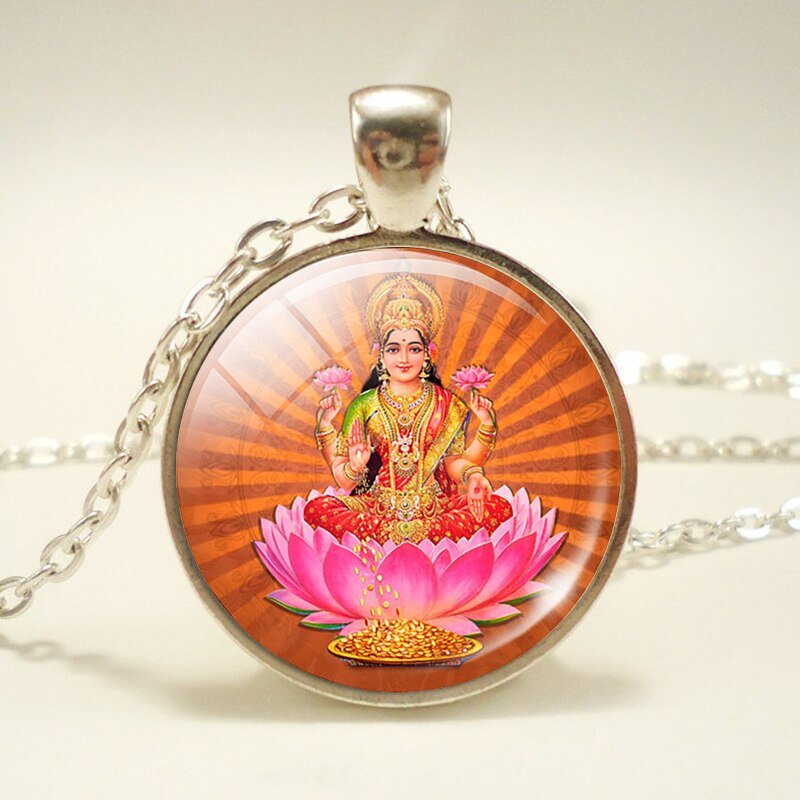 Lakshmi Godin Hanger Ketting Jewelrylakshmi Hindoeïsme Amulet Charm Glas Cabochon Hanger Voor Hem Of Haar