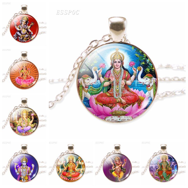Lakshmi Godin Hanger Ketting Jewelrylakshmi Hindoeïsme Amulet Charm Glas Cabochon Hanger Voor Hem Of Haar