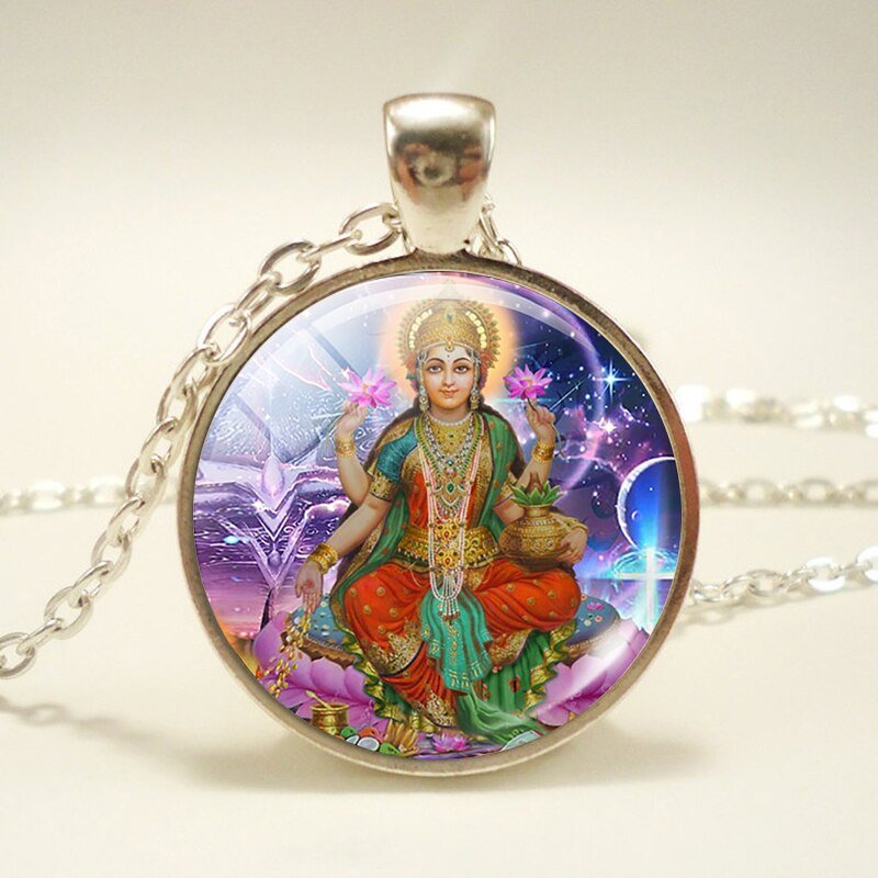 Lakshmi Godin Hanger Ketting Jewelrylakshmi Hindoeïsme Amulet Charm Glas Cabochon Hanger Voor Hem Of Haar