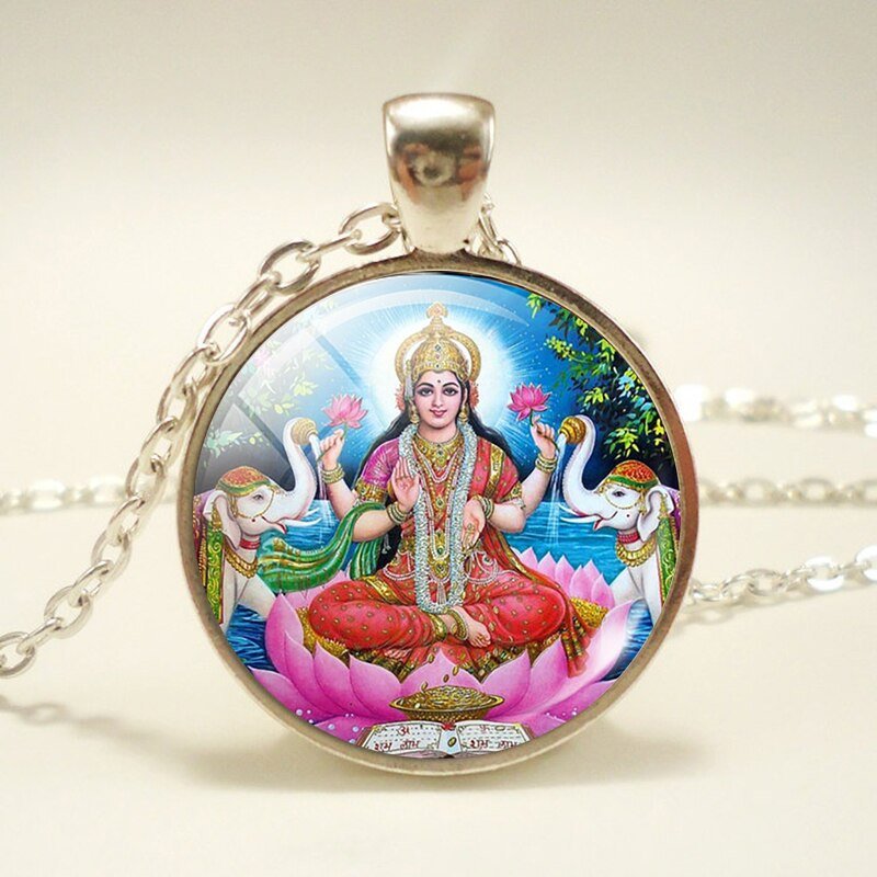 Lakshmi Godin Hanger Ketting Jewelrylakshmi Hindoeïsme Amulet Charm Glas Cabochon Hanger Voor Hem Of Haar