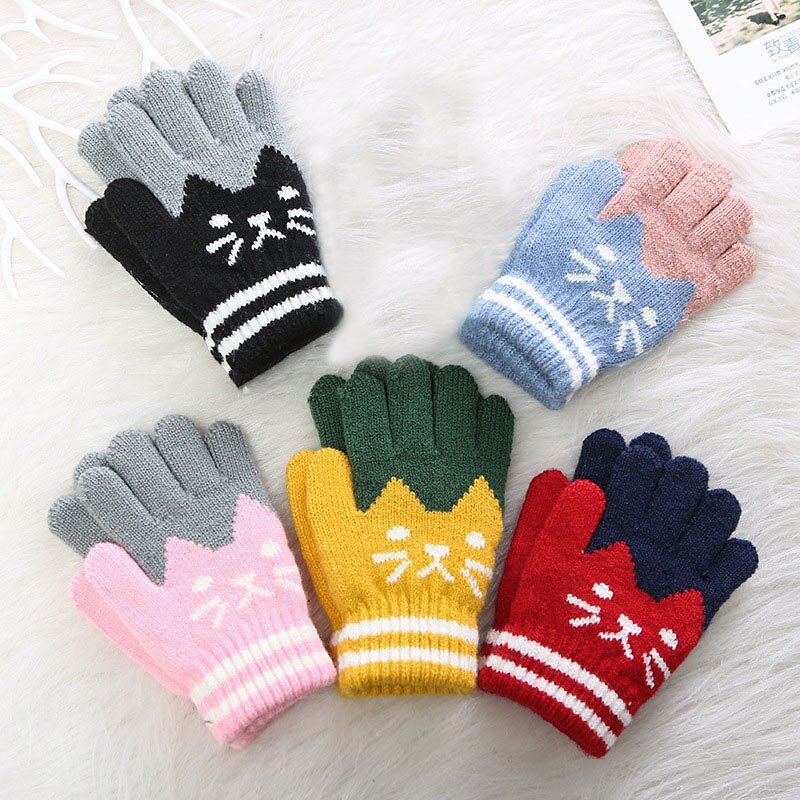 2021 Nieuwe Kind Kinderen Baby Meisjes Jongens Winter Gebreide Handschoenen Cartoon Warme Wanten Peuters Outdoor Cartoon Katten Leuke Handschoenen