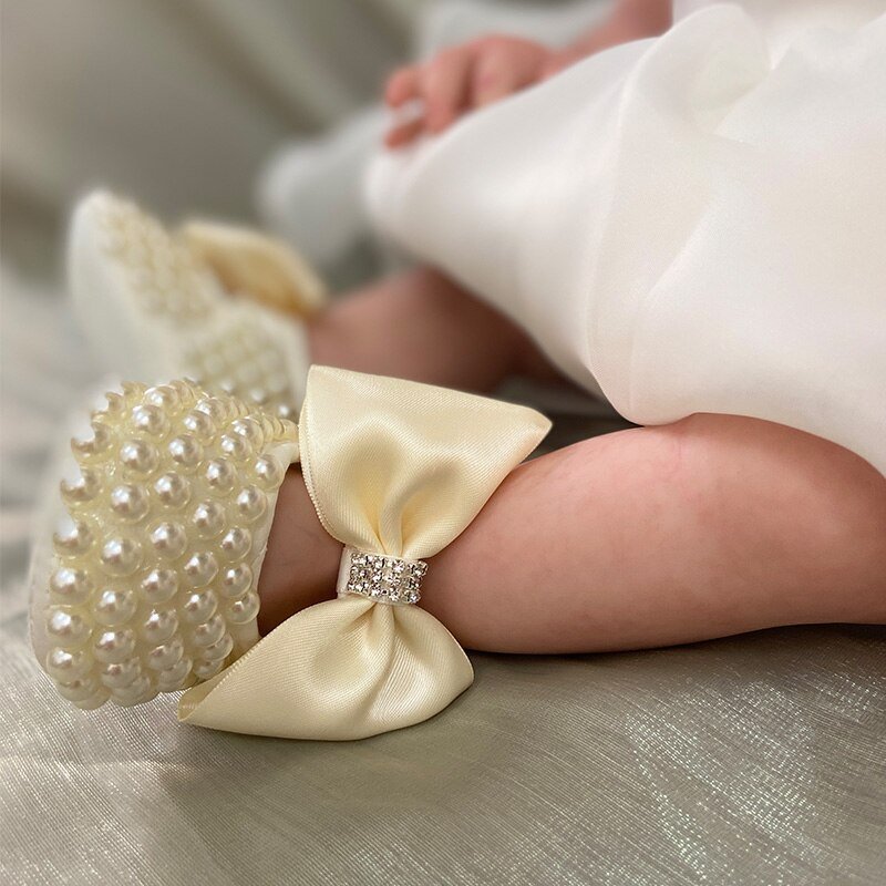 Dollbling Lace Surface Baby Girls Infant Newborn Princess Shoes First Walkers Sparkly Glitter Soft Bow Buckle Toddler Shoes
