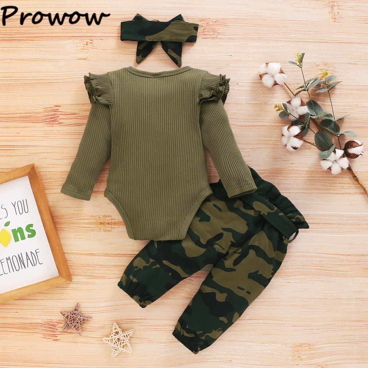 Prowow 0-18M Daddy 'S Little Girl Baby Kleding Set Army Green Bodysuit + Strik Camouflage Broek + hoofdband Baby Meisje Kleding