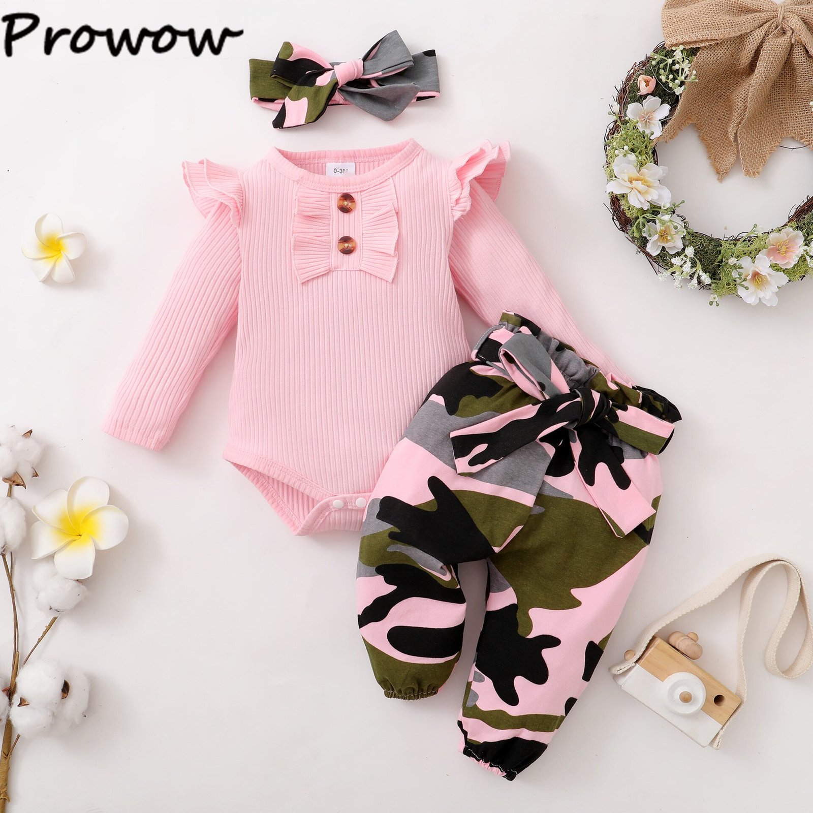 Prowow 0-18M Daddy 'S Little Girl Baby Kleding Set Army Green Bodysuit + Strik Camouflage Broek + hoofdband Baby Meisje Kleding