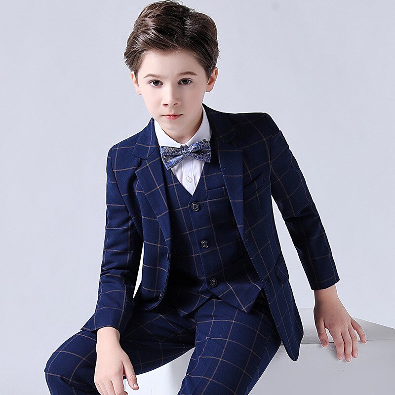 Lente Grote Jongens Top Kwaliteit Plaid Bruiloft Pak Tiener Kid Formele Tuxedo Bowtie Jurk Kinderen Blazer Party Prestaties Kostuum