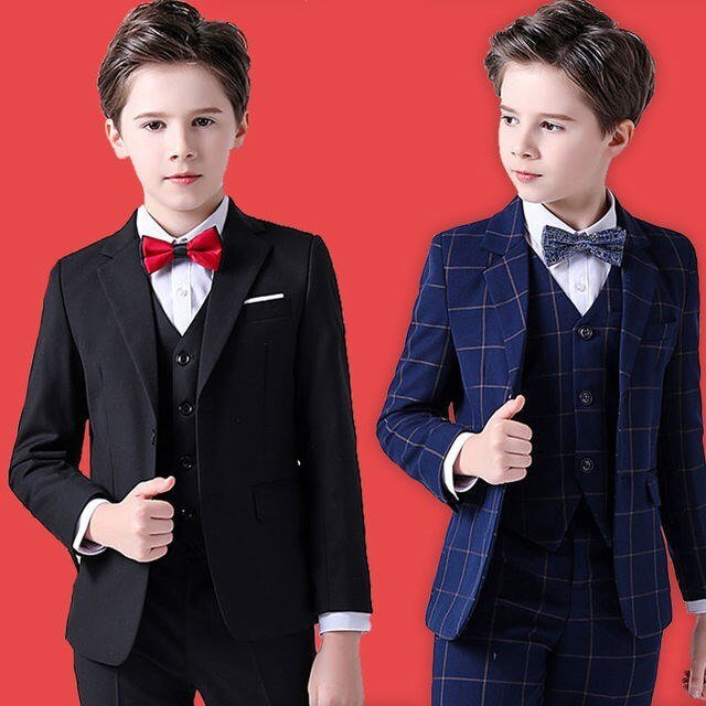 Lente Grote Jongens Top Kwaliteit Plaid Bruiloft Pak Tiener Kid Formele Tuxedo Bowtie Jurk Kinderen Blazer Party Prestaties Kostuum