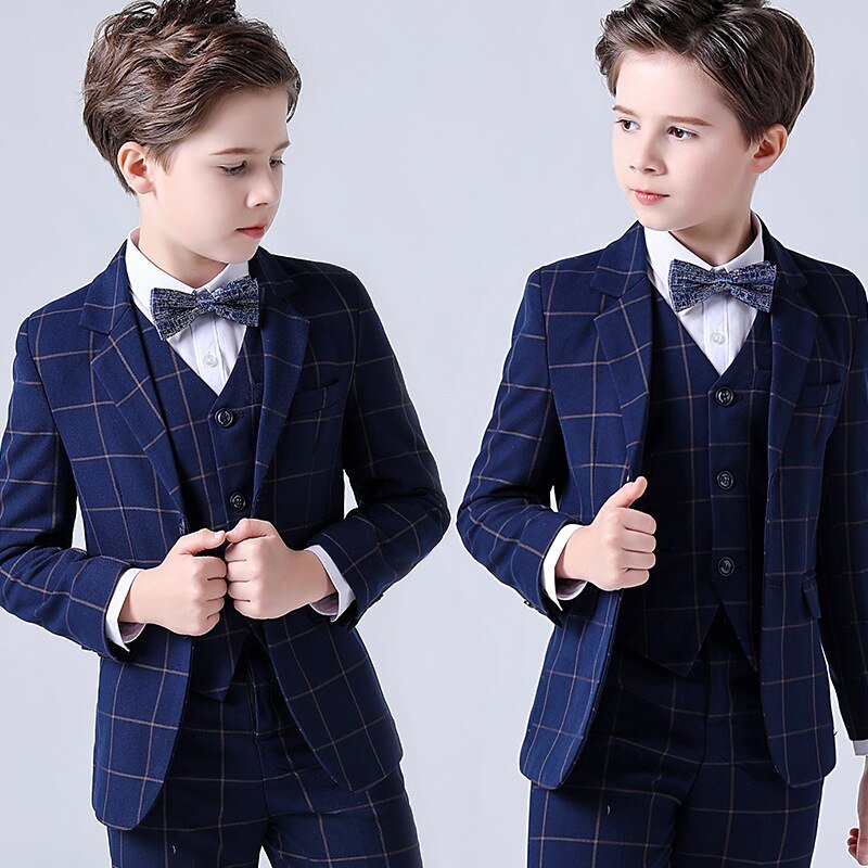 Lente Grote Jongens Top Kwaliteit Plaid Bruiloft Pak Tiener Kid Formele Tuxedo Bowtie Jurk Kinderen Blazer Party Prestaties Kostuum