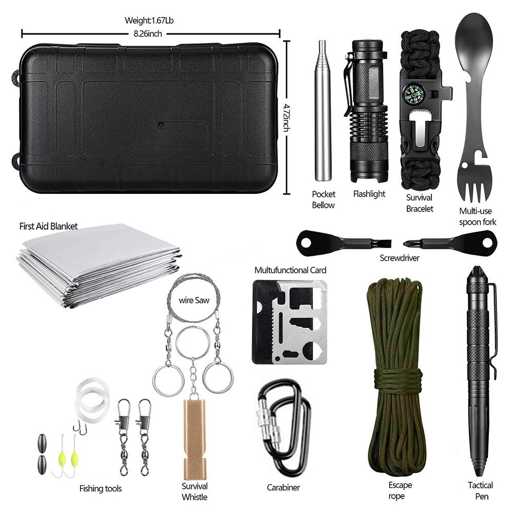 15 In 1 Emergency Survival Kit Gear Camping Reizen Multifunctionele Tactische Verdediging Apparatuur Ehbo Sos Wildernis Adventure