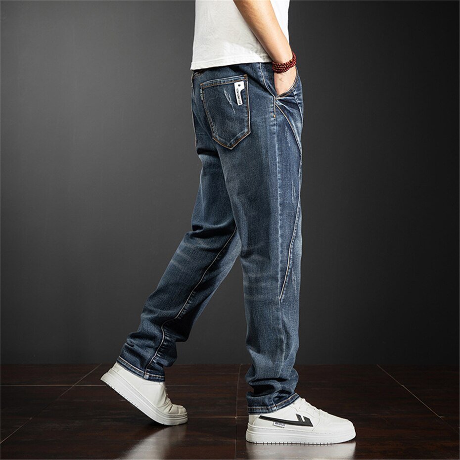 42 44 Plus Size Jeans Mannen Blauw Denim Broek Baggy Cargo Jeans Broek Streetwear Losse Elasticiteit Broek Mannelijke Big Size bodems
