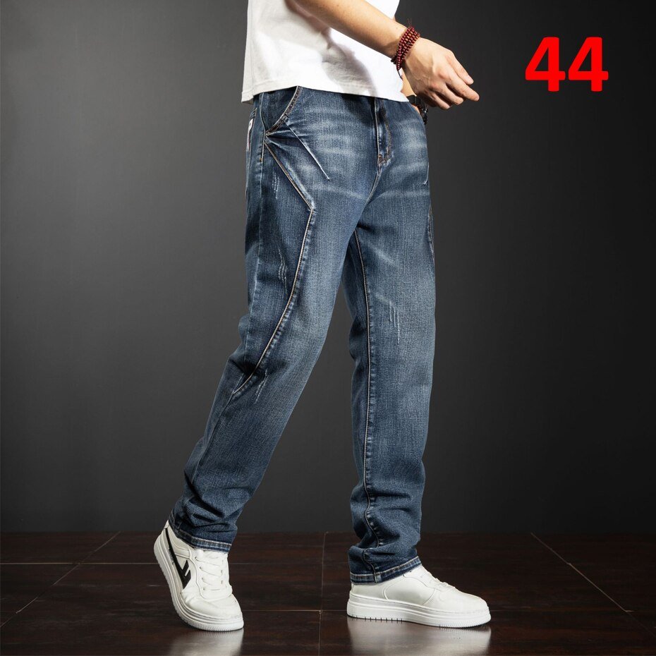 42 44 Plus Size Jeans Mannen Blauw Denim Broek Baggy Cargo Jeans Broek Streetwear Losse Elasticiteit Broek Mannelijke Big Size bodems