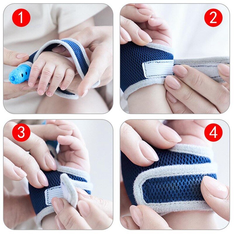 Pasgeboren Dental Care Baby Kind Vinger Guard Stop Duim Zuigen Pols Band Tandjes Handschoenen Baby Verpleging Wanten Bijtring Fopspeen