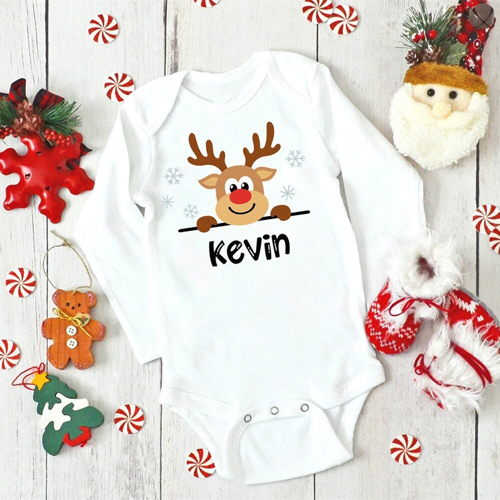 Custom Naam Baby Kerst Bodysuits Gepersonaliseerde Herten Pasgeboren Kleding Jongens Meisjes Lange Mouw Jumpsuit Xmas Party Baby Outfits